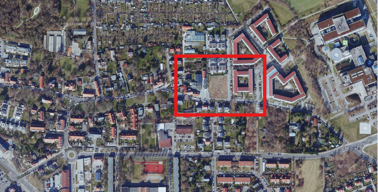 Luftbild des Baugrundstücks an der Russenstraße Ecke Trendelenburgstraße in Leipzig-Probstheida